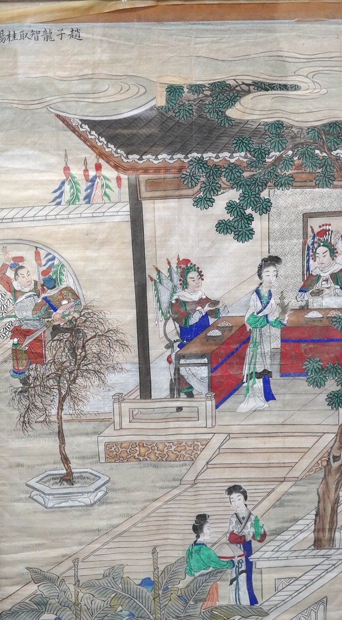 Chinese School, watercolour on silk, Attendants and figures beneath a pagoda, signed with character marks and with seal mark, 80 x 45cm. Condition - poor